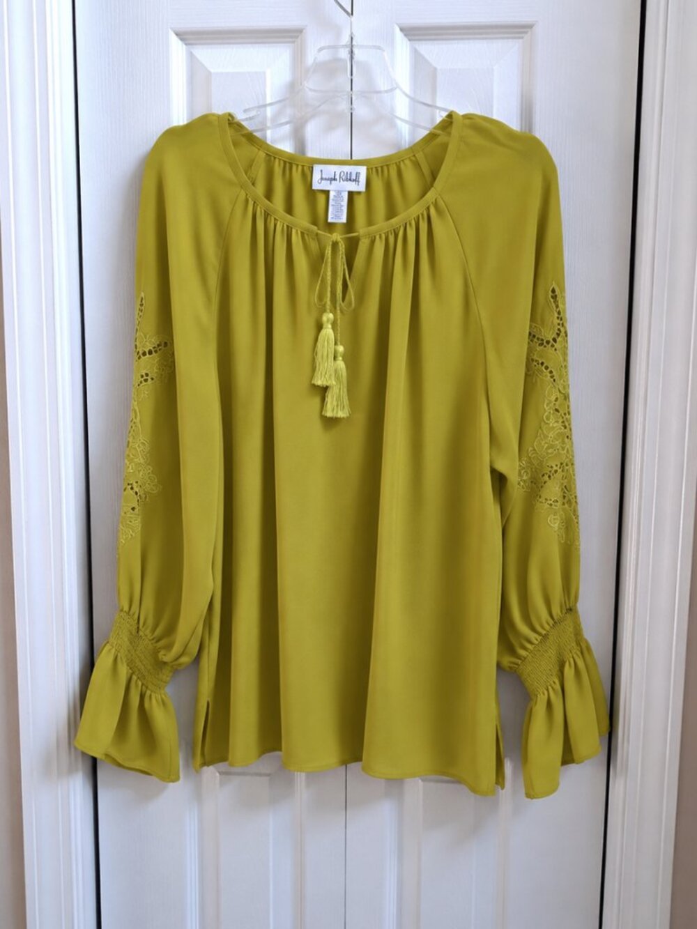 JOSEPH RIBKOFF Chartreuse V Neck Tassel Tie Blouse sz US 14